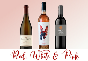 Red White and Pink Gift Pack, Gallegos Chardonnay,KANPAI Hi No Tori Rosé, Coplan The Chairman Red Blend 